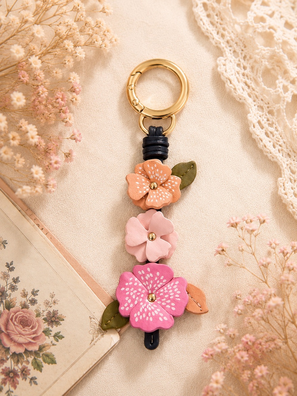 Pastel Pink Stacked Floral Bag Charm
